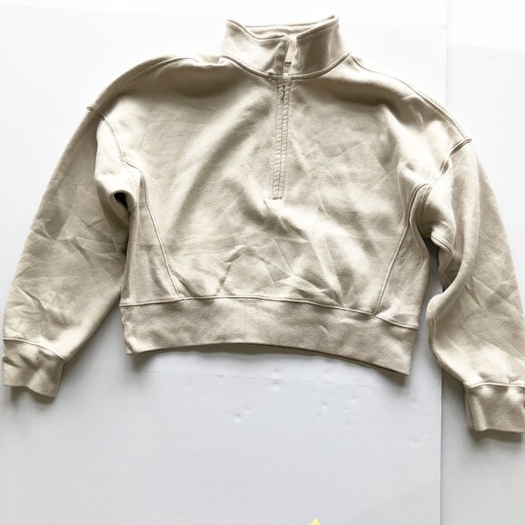 ABERCROMBIE Soft A&F Essential Sunday Half Zip Crop Tan Sweatshirt Womens Small - Picture 2 of 9